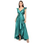 Robe longue satin�e avec col crois� et mancherons volants. effet portefeuille avec prolongement en cascade. ...