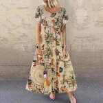 Robe longue vintage en lin  fleurs pour femmes - orange - lgante - style boho - maxi