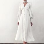 Robe à manches longues nouvelle robe en satin robe slim slim à manches lanterne pour femmes blanc Robe à manches longues nouvelle robe en satin robe slim slim à manches lanterne pour femmes blanc