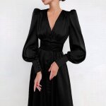 Robe à manches longues nouvelle robe en satin robe slim slim à manches lanterne pour femmes noir Robe à manches longues nouvelle robe en satin robe slim slim à manches lanterne pour femmes noir