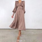 Robe  manches longues nouvelle robe en satin robe slim slim  manches lanterne pour femmes rose