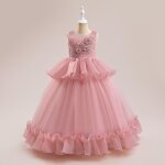 Robe de mariage princesse fille longue pour demoiselle dhonneur sans manche - rose