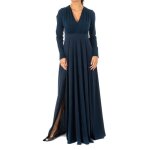 Robe longue femme manches longues col v kwd005 - bleu marine