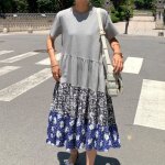 Robe mi - longue florale patchwork cor�en pour femmesgrande taillecol rondmanches courtesligne arobe ...