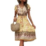 Robe mi - longue � imprim� floral pour femmes tenue �l�gante style boho manches courtes vacances plage ...