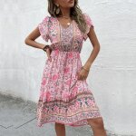Robe mi - longue � imprim� floral pour femmes tenue �l�gante style boho manches courtes vacances plage ...
