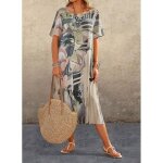 Robe mi - longue � manches courtes pour femmes style boh�me col rond imprim� artistique ample �t� gris ...