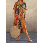 Robe mi - longue  manches courtes pour femmes style bohme col rond imprim artistique ample t jaune ...