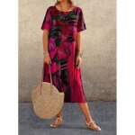 Robe mi - longue à manches courtes pour femmes style bohème col rond imprimé artistique ample été rouge ... Robe mi - longue à manches courtes pour femmes style bohème col rond imprimé artistique ample été rouge ...