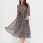 Robe mi - longue en mousseline de soie pour femme tenue lgante imprim  pois gris