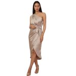 Robe mi - longue satin�e asym�trique style portefeuille. mod�le drap� sur le buste et la taille avec ...