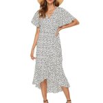 Robe midi d�contract�e en mousseline de soie col en v portefeuille lat�ral manches bouffantes blanc