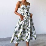 Robe midi dt  bretelles sans manches boutonne casual imprim ananas blanc pour femmes m - marque