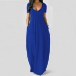 Robe mode femmes casual plus la taille solide poches col en v À manches courtes robe longue bleu s Robe mode femmes casual plus la taille solide poches col en v À manches courtes robe longue bleu s