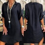 Robe mode femmes grande taille en lin de coton solide col rabattu ample - noir - xl