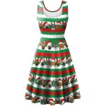 Robe de nol femme sans manche col rond 3d imprim rayure - rouge vert