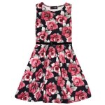 Robe patineuse imprim�e roses pour filles - 7 - 13 ans - enfant - fille - sans manches - cou rond - ceinture ...