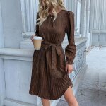 Robe plissée mi - longue à imprimé floral pour femme décontractée manches longues marron Robe plissée mi - longue à imprimé floral pour femme décontractée manches longues marron