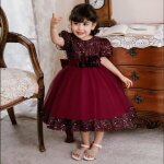 Robe princesse bb fille manches courtes paillettes pour mariage crmonie - bordeaux