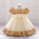 Robe princesse bb fille manches courtes paillettes pour mariage crmonie - or