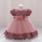 Robe princesse bb fille manches courtes paillettes pour mariage crmonie - rose