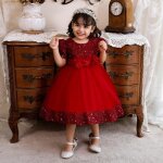 Robe princesse bb fille manches courtes paillettes pour mariage crmonie - rouge