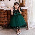 Robe princesse bb fille manches courtes paillettes pour mariage crmonie - vert
