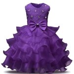 Robe princesse c�r�monie fille volant tulle sans manches couleur unie avec ceinture noeud papillon