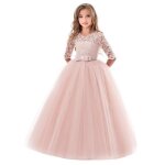 Robe de princesse crmonie longue fille en dentelle robe tulle manches 3 - 4 pour soire bal mariage ...