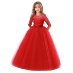 Robe de princesse crmonie longue fille en dentelle robe tulle manches 3 - 4 pour soire bal mariage ...
