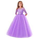 Robe de princesse crmonie longue fille en dentelle robe tulle manches 3 - 4 pour soire bal mariage ...