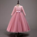 Robe de princesse crmonie mariage longue enfant fille dentelle manches longues avec ceinture - rose ...