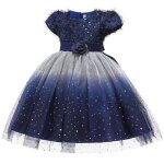 Robe de princesse enfant fille paillettes en maille manches courte anniversaire - bleu
