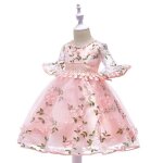 Robe princesse fille fleur broderie tulle manche 3 - 4 col rond pour mariage soiree - rose Robe princesse fille fleur broderie tulle manche 3 - 4 col rond pour mariage soiree - rose