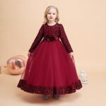 Robe princesse soire fille manches longues col arrondi paillettes - bordeaux