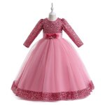 Robe princesse soire fille manches longues col arrondi paillettes - rose