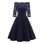 Robe de soiree ceremonie femme dentelle - marque - modle - bleu - col bateau - mi - manche