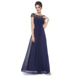 Robe de soiree ceremonie femme mousseline en soie dentelle longue col rond manches courtes