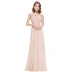 Robe de soiree ceremonie femme mousseline en soie dentelle longue col rond manches courtes