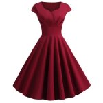 Robe de soire cocktail femme col en v manches courtes robe plisse vintage mi - longue couleur unie ...