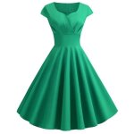 Robe de soire cocktail femme col en v manches courtes robe plisse vintage mi - longue couleur unie ...