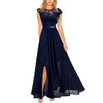 Robe de soire cocktail femme dentelle sans manches robe mariage longue col rond couleur unie