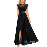 Robe de soire cocktail femme dentelle sans manches robe mariage longue col rond couleur unie - noir