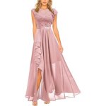 Robe de soirée cocktail femme dentelle sans manches robe mariage longue col rond couleur unie - rose Robe de soirée cocktail femme dentelle sans manches robe mariage longue col rond couleur unie - rose