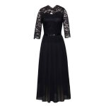 Robe de soire femme mousseline de soie robe cocktail longue dentelle col rond couleur unie