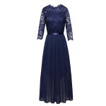 Robe de soire femme mousseline de soie robe cocktail longue dentelle col rond couleur unie - bleu