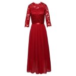 Robe de soirée femme mousseline de soie robe cocktail longue dentelle col rond couleur unie - rouge Robe de soirée femme mousseline de soie robe cocktail longue dentelle col rond couleur unie - rouge
