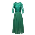 Robe de soire femme mousseline de soie robe cocktail longue dentelle col rond couleur unie - vert