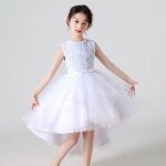 Robe soir�e fille de mariage c�r�monie sans manche avec paillettes - blanc