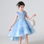 Robe soire fille de mariage crmonie sans manche avec paillettes - bleu clair